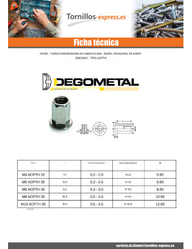1 x Tuercas Remachables hexagonal cabeza plana...
