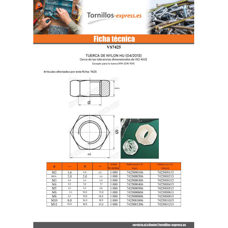 1 x Tuerca natural nylon hexagonal HU M24