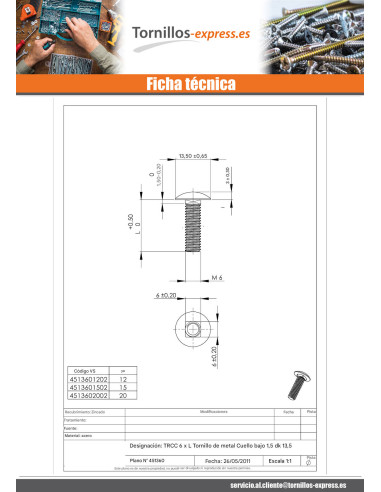 1 x Cabeza redonda cuello cuadrado M6X20 cuello...