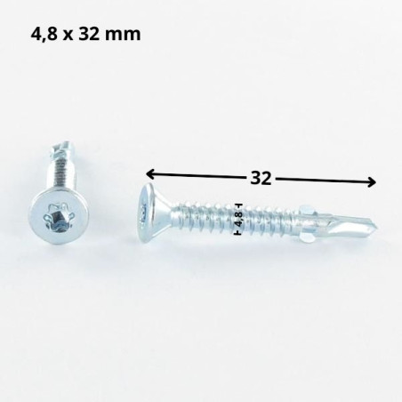 1 x Tornillo autoperforante cabeza fresada/testa svasat TORX T25 4.8X32 dentada y aletas Acero cincado blanco