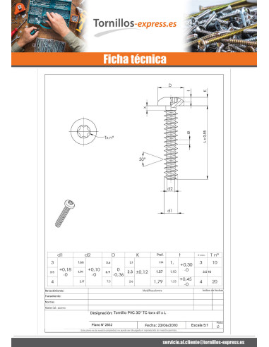 1 x Tornillo pvc cabeza cilíndrica TORX T20...