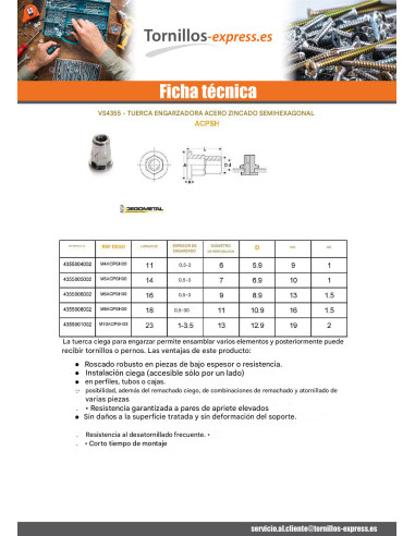 1 x Tuercas Remachables cabeza plana M8X18...