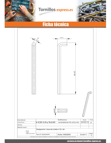 1 x Llave allen 6 lados de 4 longitud 66