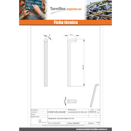 1 x Llave allen 6 lados de 4 longitud 66