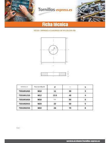 1 x Arandela cuadrada natural nylon M22X70X6