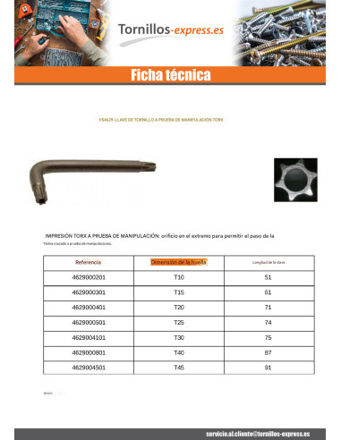 1 x Llave para Tornillos Seguridad T45 Acero bruto