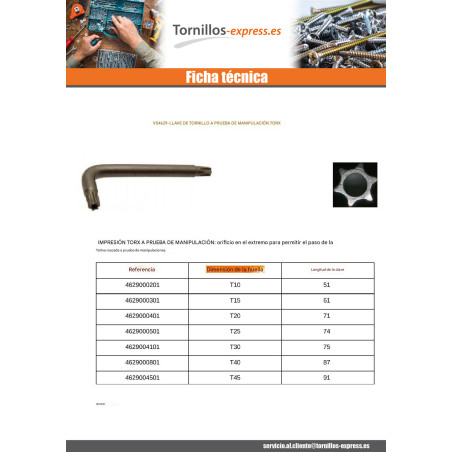 1 x Llave para Tornillos Seguridad T45 Acero bruto