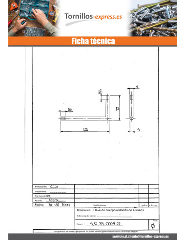 1 x Llave allen 6 lados de 4 CUERPO REDONDO...
