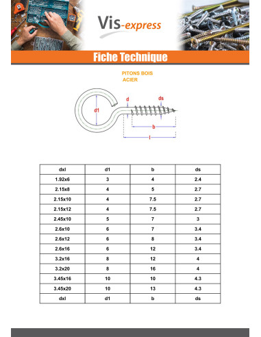 1 x Tornillo de ojo madera 3.45X20 ojo 10 Acero...