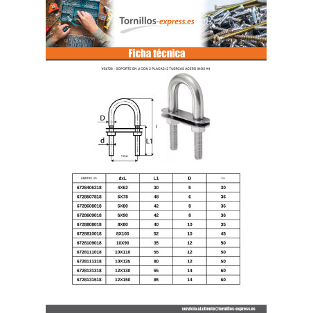 1 x Estribo en forma de U con doble PLACAS Inoxidable A4 5X78