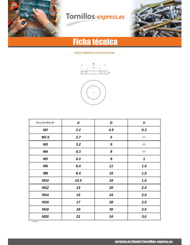 1 x Arandela plano natural nylon M4X8X0.5
