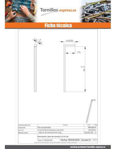 1 x Llave allen 6 lados de 2.5 14X56 Acero...