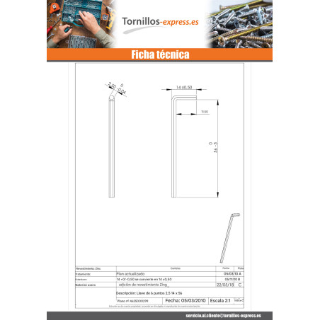 1 x Llave allen 6 lados de 2.5 14X56 Acero cincado blanco