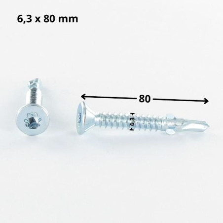 1 x Tornillo autoperforante cabeza fresada/testa svasat TORX T30 6.3X80 dentada y aletas Acero cincado blanco