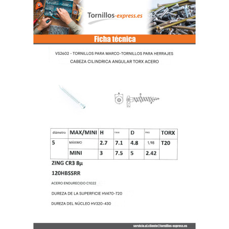 1 x Tornillo HARDWARE ANGULAR cabeza cilíndrica TORX T20 cut punta antihendidura tipo 17 Acero cincado blanco 5X45