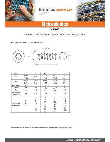 1 x Tornillo pvc TRILOBE cabeza cilíndrica...
