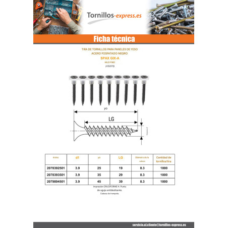 1 x Tira de tornillos para placas de yeso para pistola 50 Spax GIX-A 3.9X45 Acero fosfatado