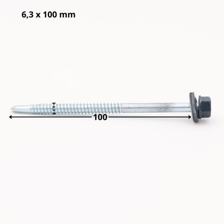 1 x Tornillo autoperforante cabeza hexagonal 6.3X100 Arandela de estanqueidad con junta de neopreno epdm Acero cincado
