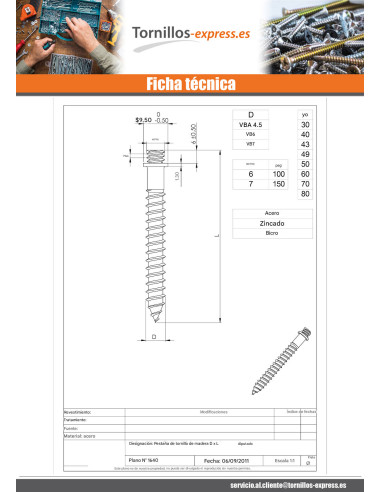 1 x PATAS con Tornillo madera Acero bruto 7X70