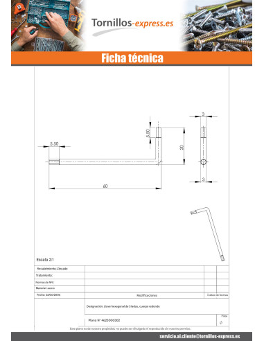 1 x Llave allen 6 lados de 3 CUERPO REDONDO...