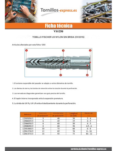 1 x Taco Nylon Fischer UX sin reborde 6X35