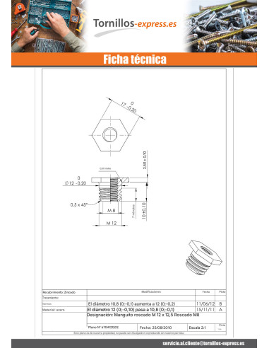 1 x Casquillo roscada M12X12.5 interior M8...