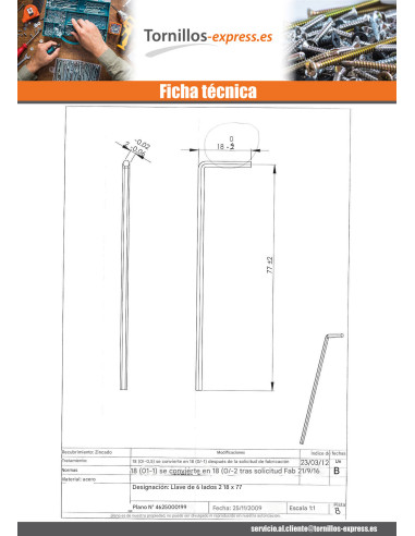 1 x Llave allen 6 lados de 2 longitud 77 Acero...