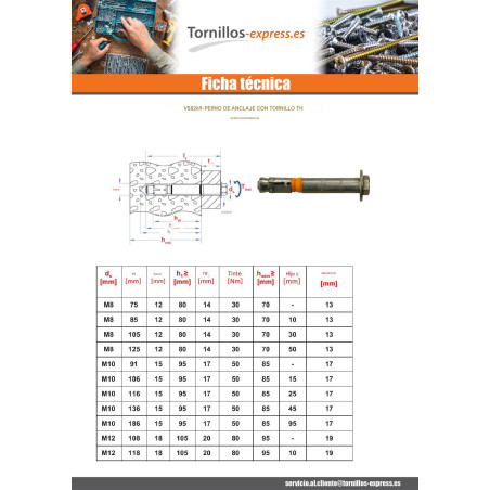 1 x Perno (vendido con tuerca) Anclaje M8X105 con Tornillo metales cabeza hexagonal Inoxidable A4