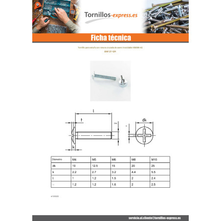 1 x Tornillo poelier cabeza redonda ancha ranura en cruz M5X60 roscado total Inoxidable A2