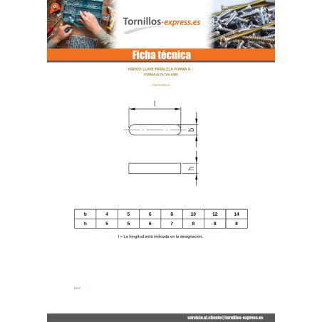 1 x Chaveta paralela Inoxidable A5 8X7 longitud 16