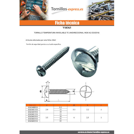 1 x Tornillo chapa Seguridad cabeza cilíndrica ONE WAY 2.9X19 Inoxidable A2