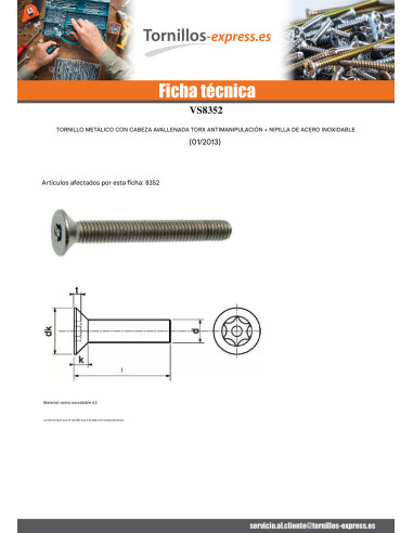 1 x Tornillo metales Inoxidable A2 Seguridad...