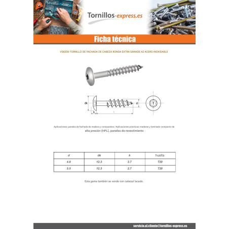 1 x Tornillo de fachada TORX T20 4.8X70 diámetro de cabeza: 12.3 Inoxidable A2