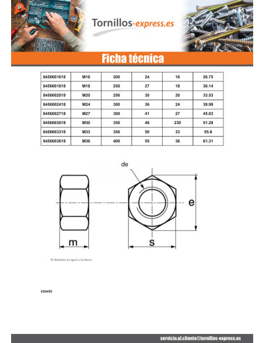 1 x Tuerca HH M16 grosor 16 Inoxidable A4