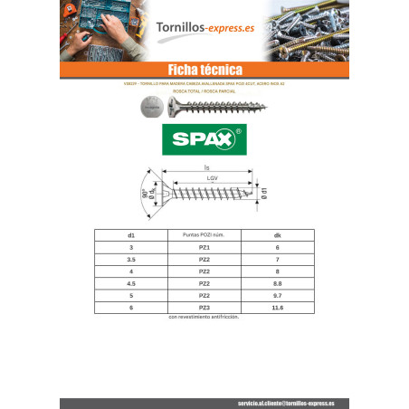 1 x Spax Tornillo madera cabeza fresada/testa svasat Pozi PZ4 4X50 roscado total 4CUT Inoxidable A2