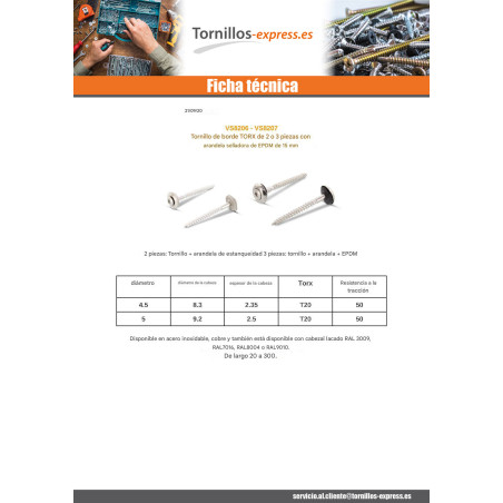 1 x Tornillo de cresta cabeza fresada abombada TORX T20 Inoxidable A2 5X200 Arandela de estanqueidad con junta de neopreno