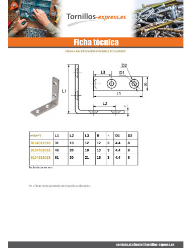 1 x Escuadra 61X61X15 4 agujeros Inoxidable A2
