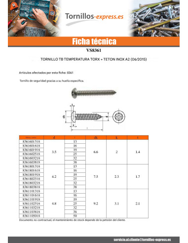1 x Tornillo chapa Seguridad Inoxidable A2...