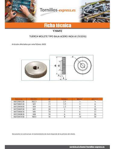1 x Tuerca MOLETES tipo bajo M6 Inoxidable A1