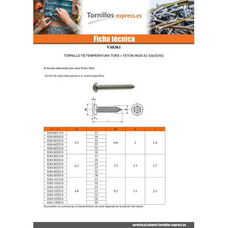 1 x Tornillo chapa Seguridad Inoxidable A2 cabeza cilíndrica TORX T25 con tetón 4.8X25