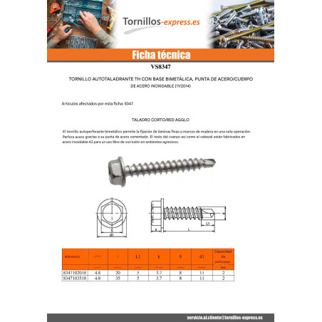 1 x Tornillo autoperforante Bimetal cabeza hexagonal resalto reborde broca CORTO 4.8X20