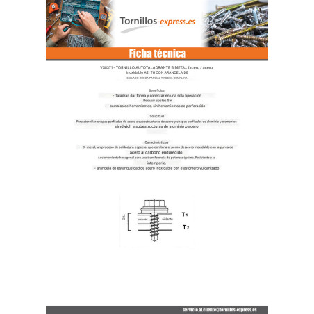 1 x Tornillo autoperforante Bimetal cabeza hexagonal 5.5X50 roscado total Arandela de estanqueidad con junta de neopreno