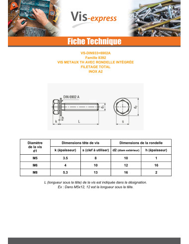 1 x Tornillo metales cabeza hexagonal roscado...