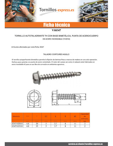 1 x Tornillo autoperforante Bimetal cabeza...