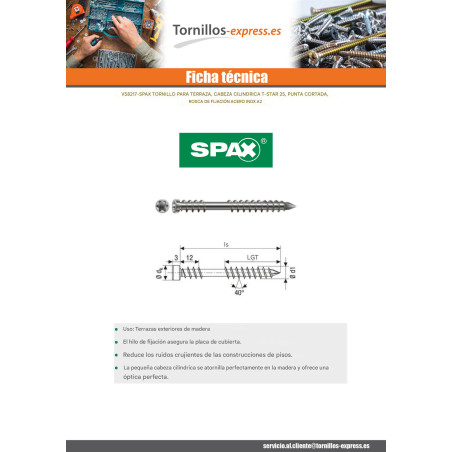 1 x Spax Tornillo terraza cabeza cilíndrica TORX T25 5X50 Inoxidable A2
