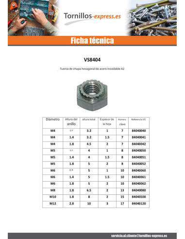 1 x Tuerca hexagonal para chapa M12 Inoxidable...
