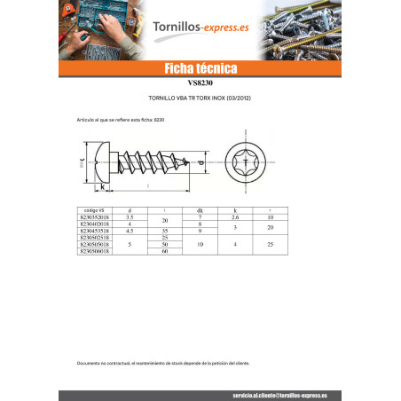 1 x Tornillo madera aglomerado Inoxidable A2 cabeza redonda 4X30 TORX T20