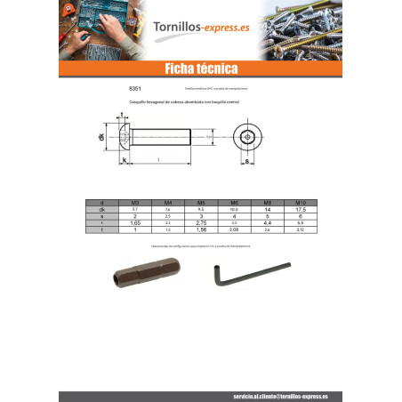 1 x Tornillo metales Seguridad Cabeza Abombada con Hueco hexagonal con tetón M6X16 Inoxidable A2