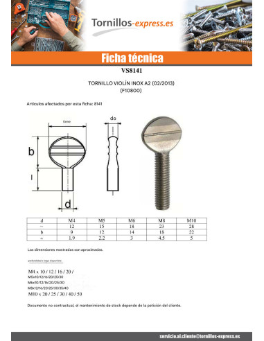 1 x Tornillo VIOLÍN M5X20 Inoxidable A2