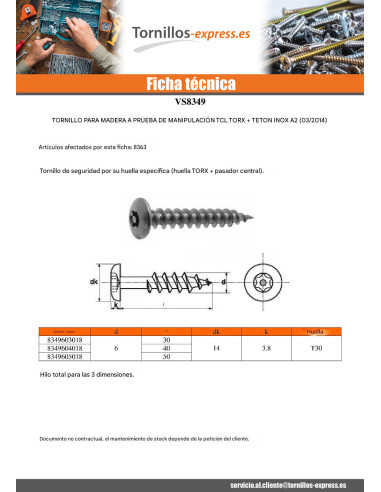 1 x Tornillo pernio Seguridad TORX T30 con...